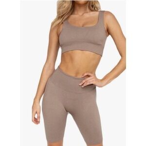 NWOT Seamless 2PC Ribbed Workout Set Tan Neutral Beige- Size Large